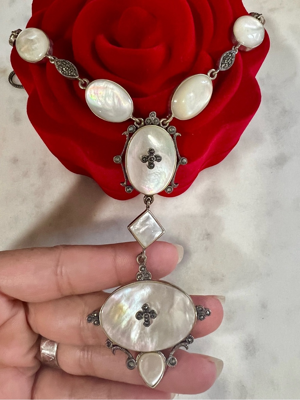 Vintage 925 Sterling Silver Art Nouveau MOP Marcasite Statement Necklace
